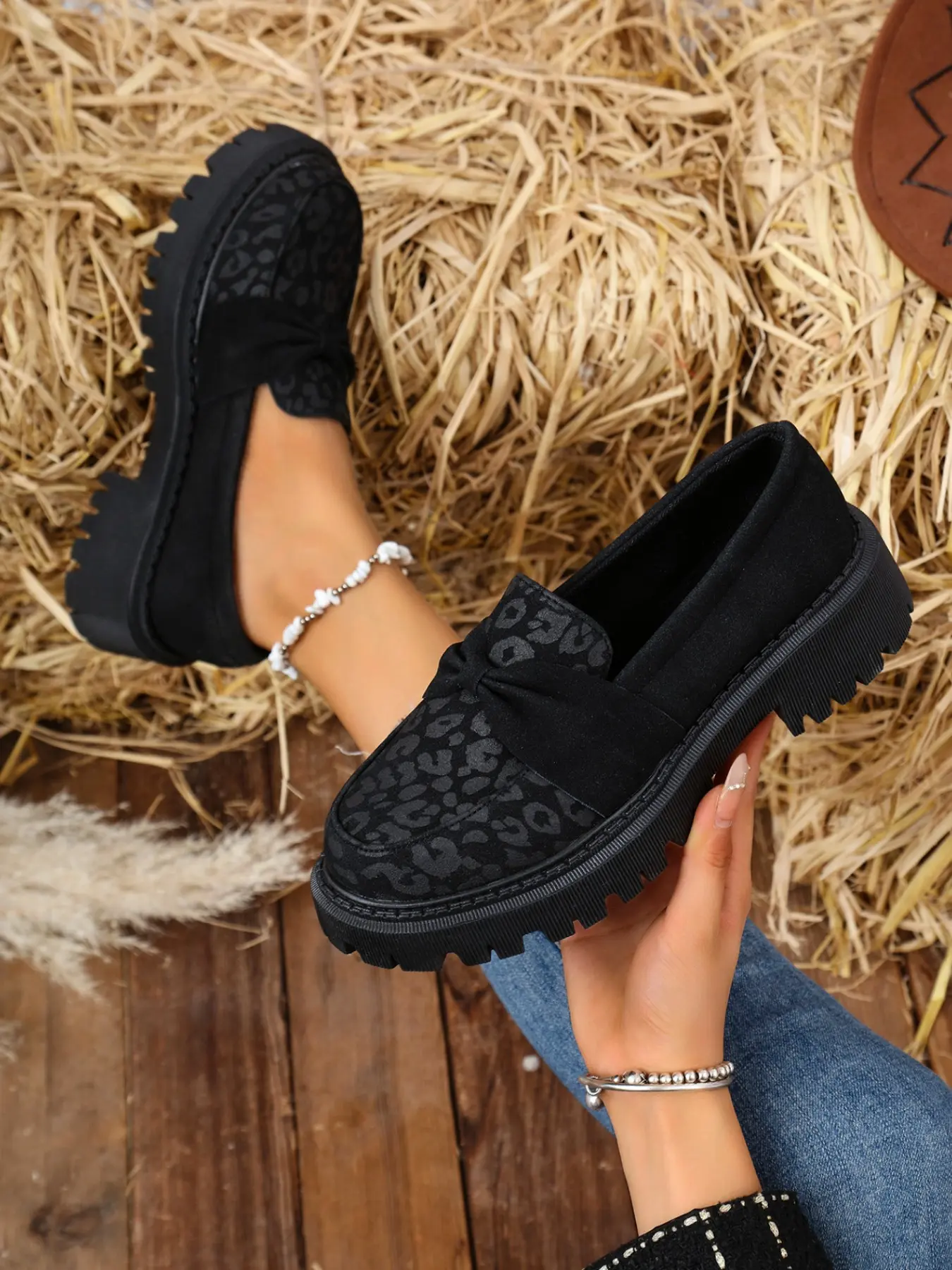 Colorblock Bow Thick Sole Low Top Loafers, Leopard Print Dual Color, Slip-On Design, Casual All-Season Shoes, Durable Rubber Sole, Student Friendly, Bowknot Loafers