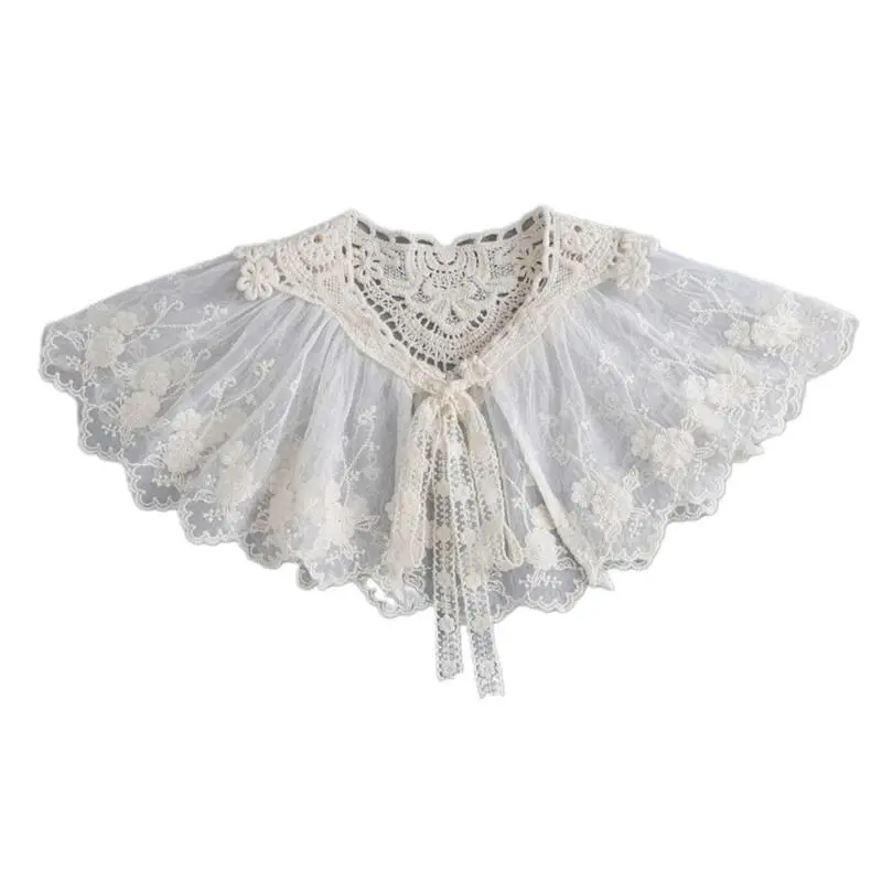 Women Embroidery Floral Lace Shawl Detachable False Collar Chiffon Pleated Large Scarf Lace-Up Bowknot Elegant Capelet