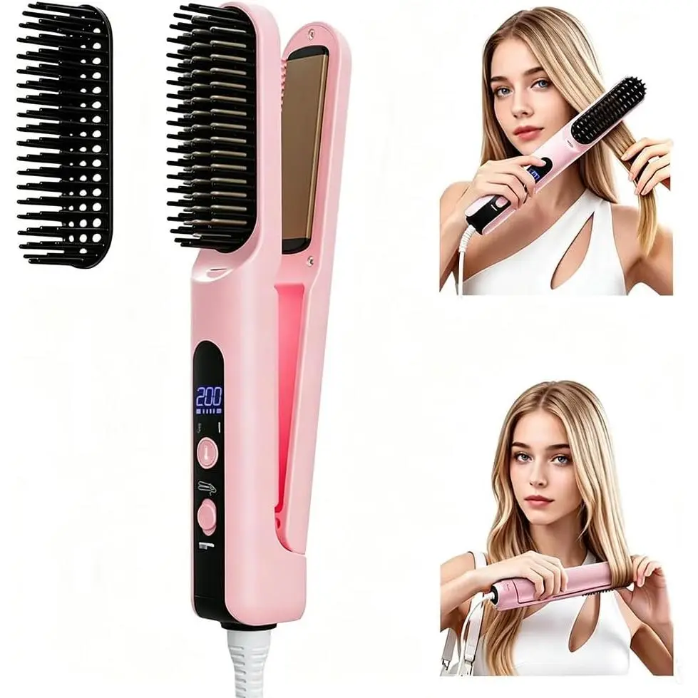 Hair Straightener Brush - Iron 2 in 1 Hair Styling Tools,Frizz Control Fast Styling Set Anti-Frizz Straightening/Curling Styling, Removable Brush Head for Easy Cleaning, Anti-Scald Fast Heating