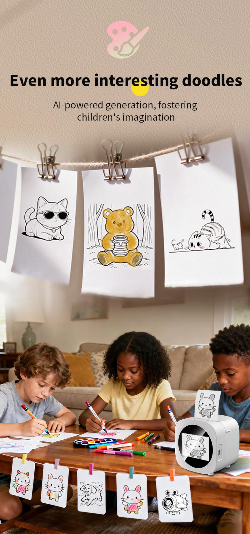 AI Voice Mini Sticker Printer box Photo Drawing robot  Wireless Portable Smart  Kids Imagination Learning Toy DIY Craft Home Office Essential-YY Switch Role Alarm Clock Perpetual Calendar  Electronic ideal birthday gift educational learning toytablet