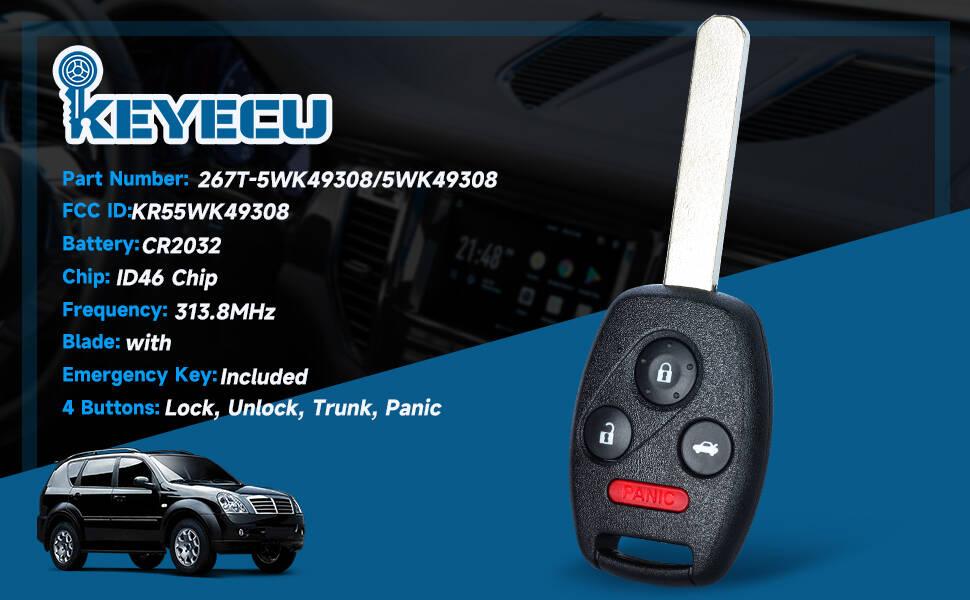 Replacement Smart Remote Car Fob for Honda Accord Sedan 2008-2012 Pilot LX EX 2009-2015 KR55WK49308 267T-5WK49308 5WK49308 313.8MHz ID46 Chip 4Buttons Replacement Smart Remote Car Fob for Honda Accord Sedan 2008-2012 Pilot LX EX 2009-2015 KR55WK49308 267T-5WK49308 5WK49308 313.8MHz ID46 Chip 4Buttons