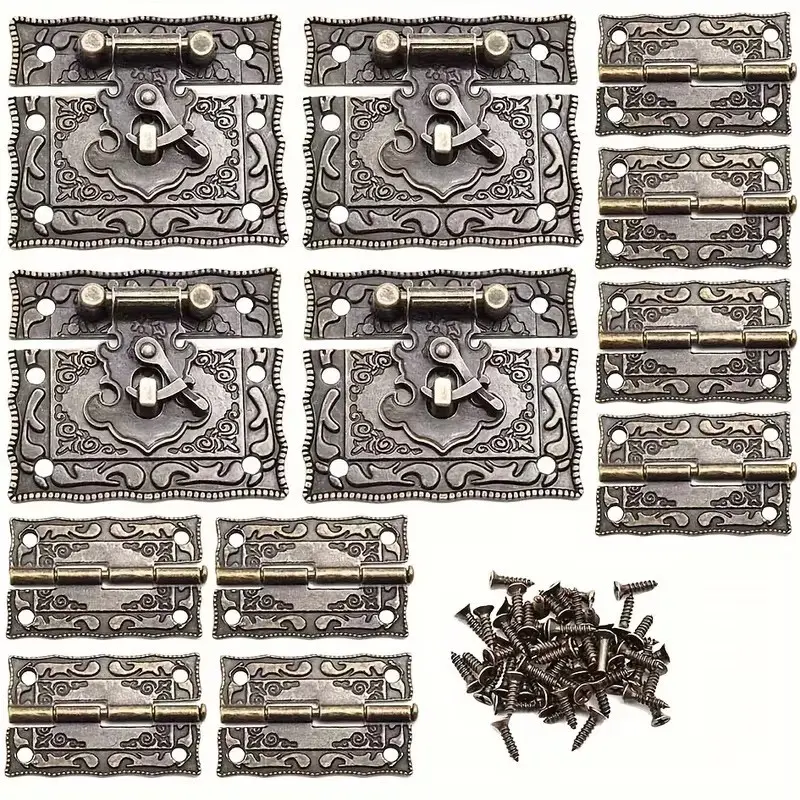 12-Piece Vintage Latch and Ornate Hinge Set with Screws, Ideal for Jewelry Boxes, Wooden Cabinets, Decorative Storage, Rectangular Locks, Repair Hardware