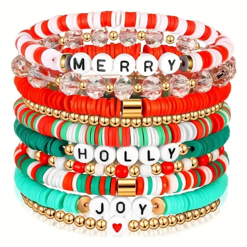 MANY [Christmas Holiday Bracelet Set] 10-Pack Festive Polymer Clay Heishi Stretch Bracelets with Joyful Messages Plastic Bead Jewelry Gift for Women Seasonal Party Accessories.