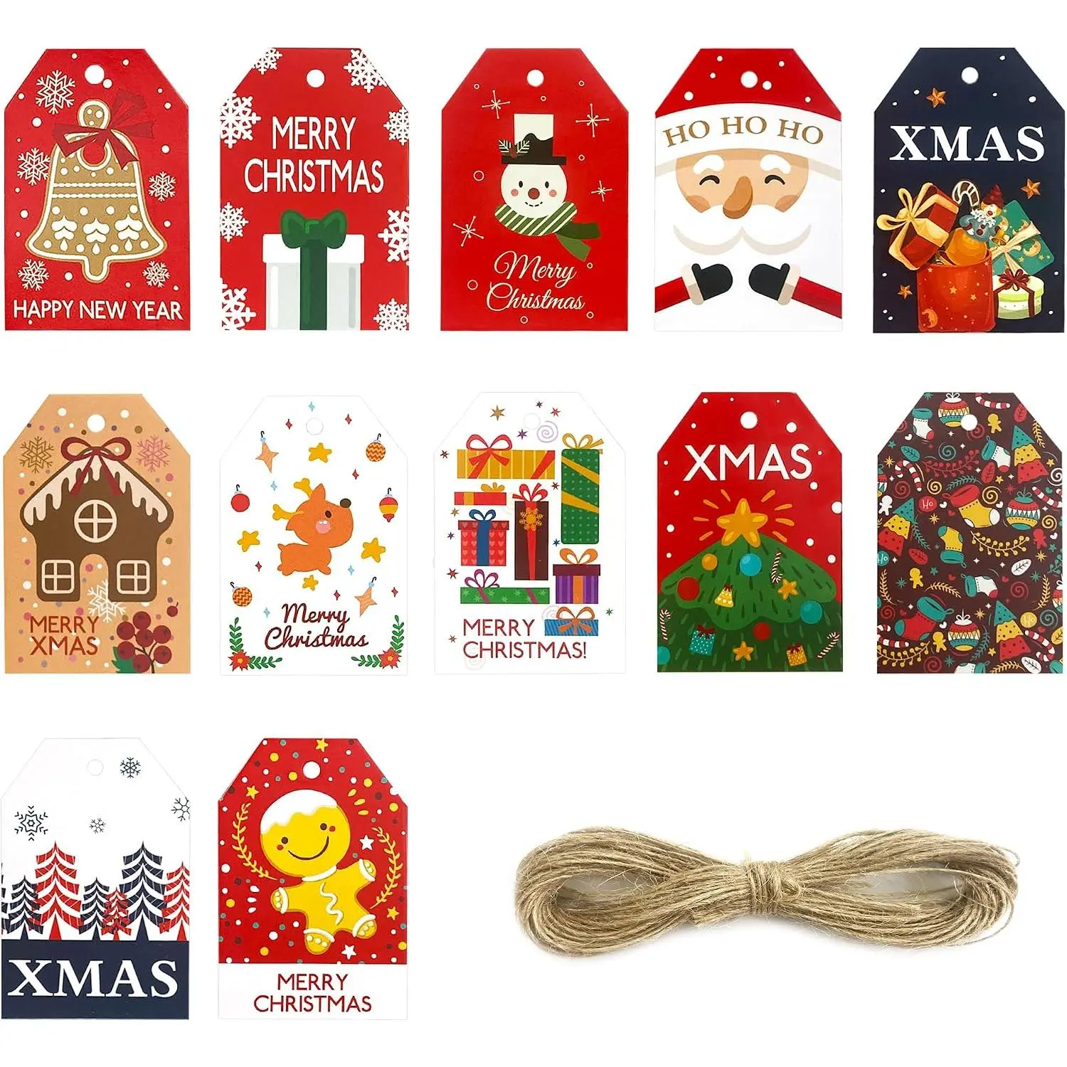 48 count Xmas  Tags Christmas Labels with Jute String Christmas Name Tags for Presents Wrapping and Tree Decoration (12 Styles)