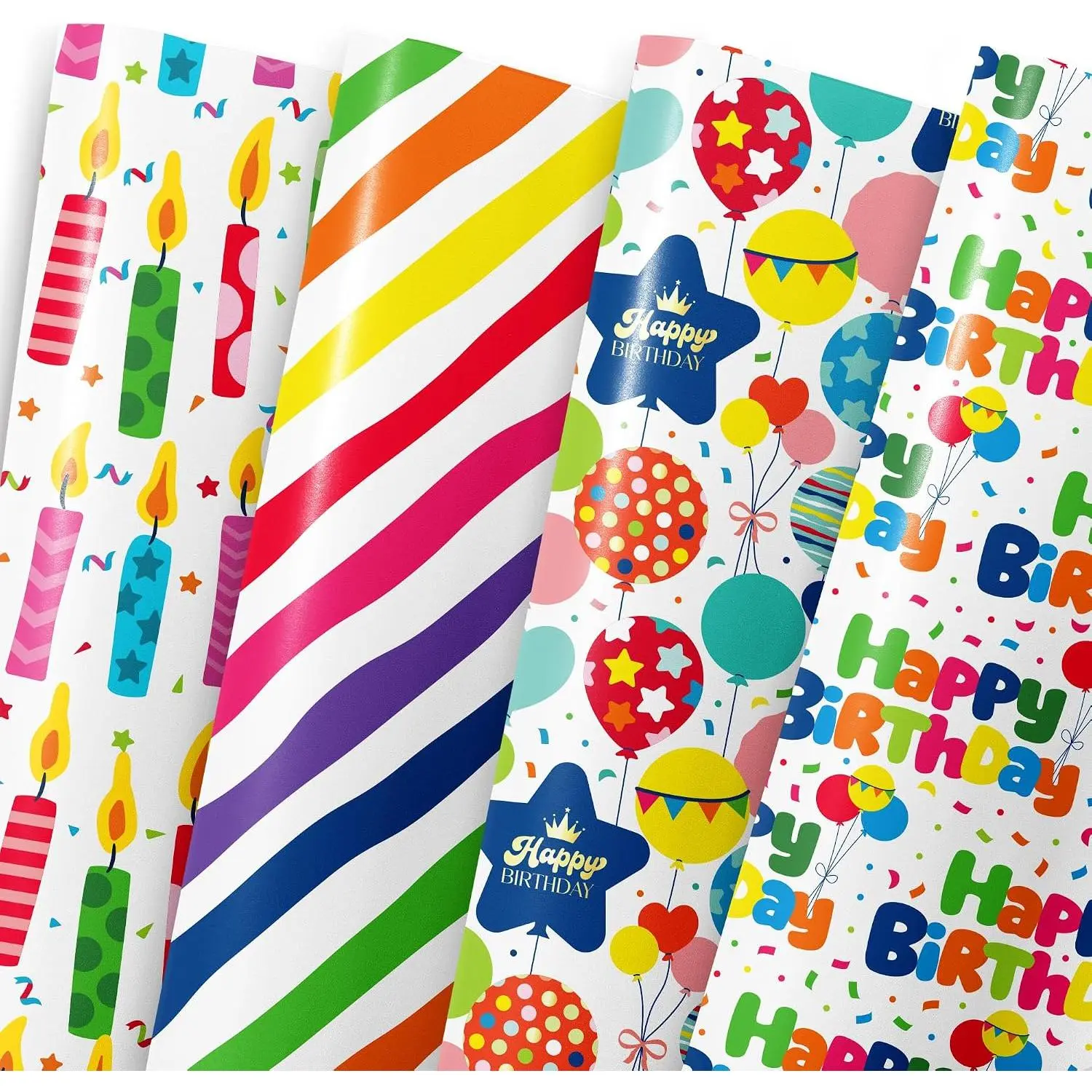 Birthday Wrapping Paper Sheet - 8 Sheets Folded Flat  Wrap with “Happy Birthday” Candles, Balloons, Colorful Stripes for Party,  Shower - 20 X 28 Inch Per Sheet