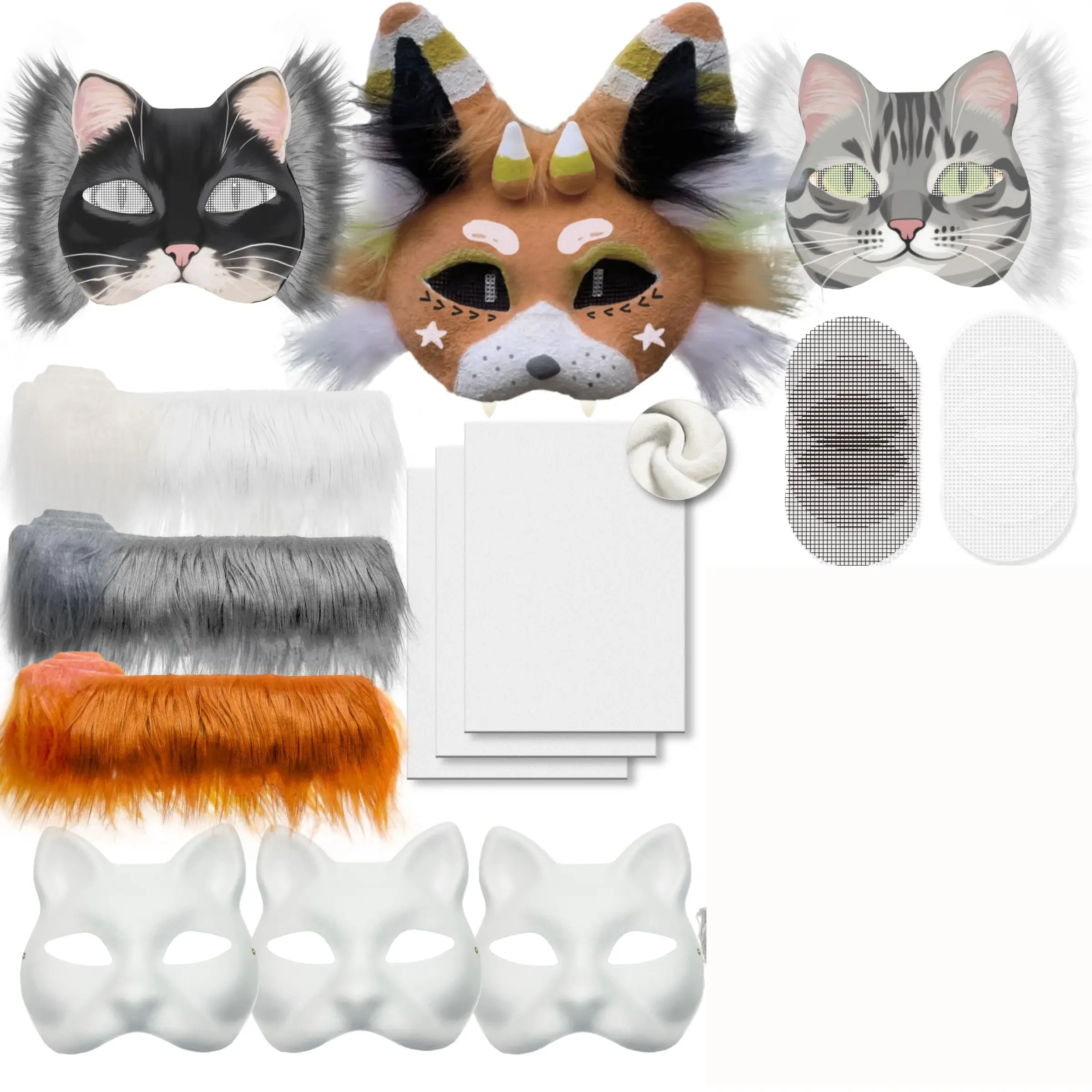 DIY Beast Mask Kit, Blank Cat Mask Base, Fox Mask Making Set Accessories, Includes Fuzzy, Eye Net, Wool Patches, Halloween Costume Party Gear, Furry Mask