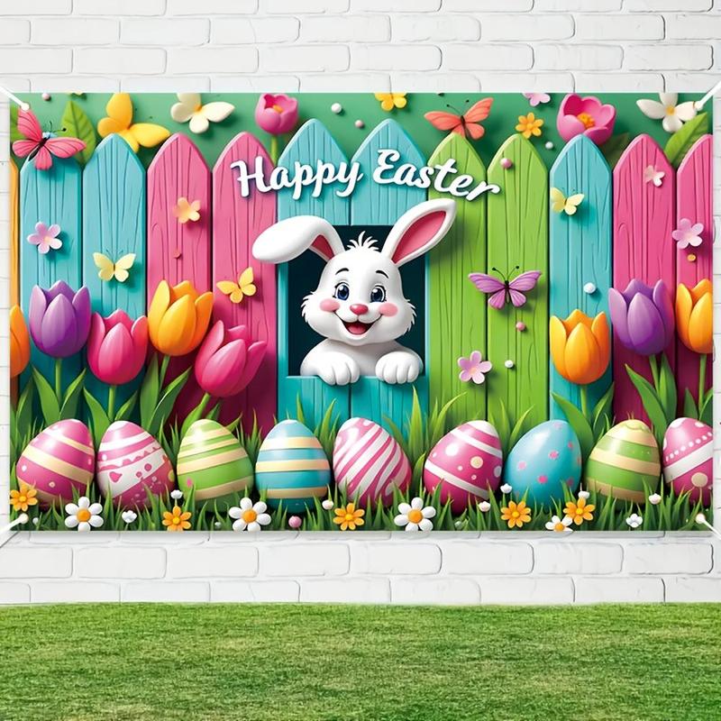 1PC,2D Flat Easter - themed Decorative Backdrop Cloth, Cartoon Rabbit, Colorful Eggs, Flowers, Butterflies Pattern Party Hanging Cloth, Festival Scene Decoration, Photo Background Banner Prop