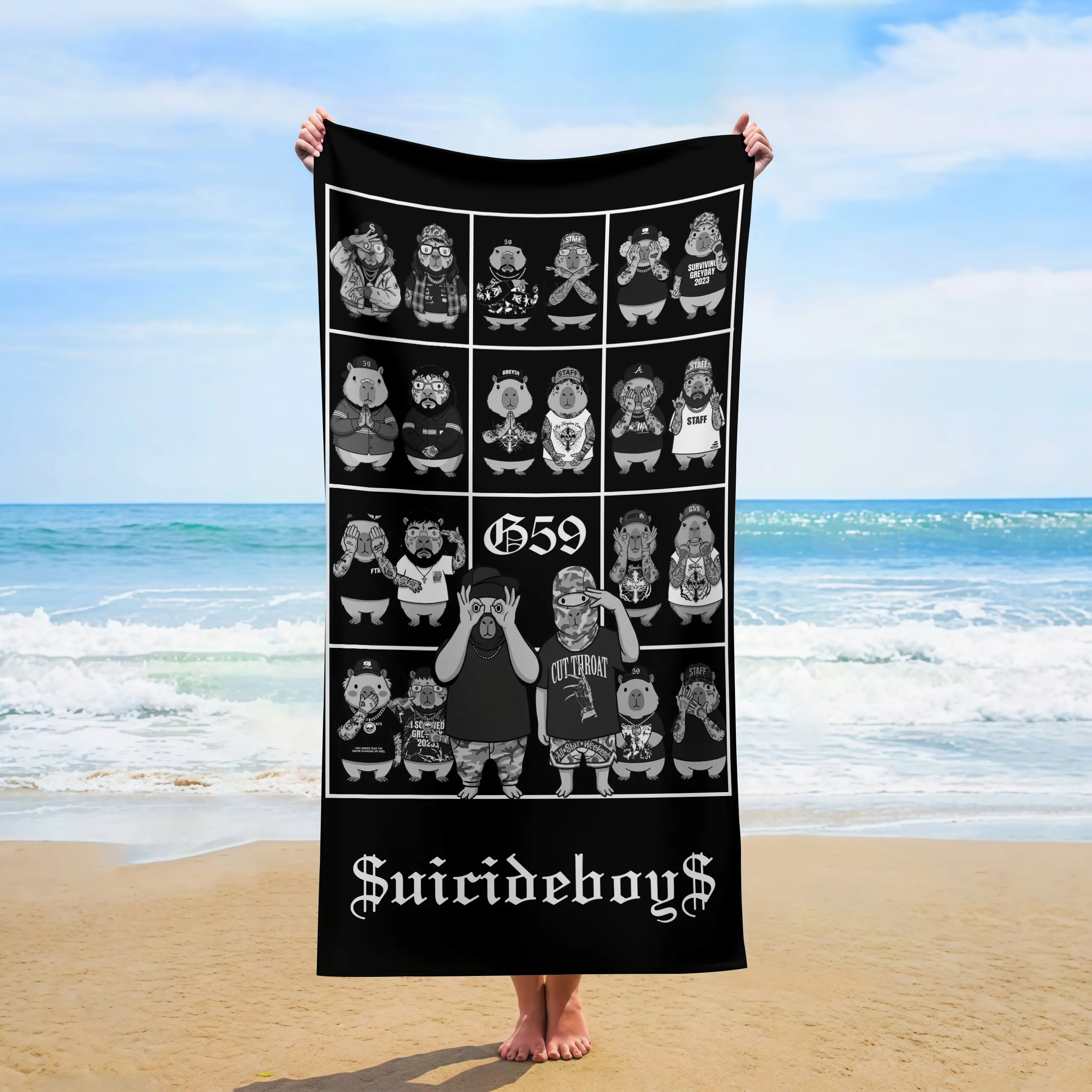Black White Grid Cartoon Tattoo Capybara  Grey59 Portrait Collage Beach Towel, Ideal For Underground Hip Hop Fans, Pool Vacations & uicideboy Rap Music Fan Merch Gifts