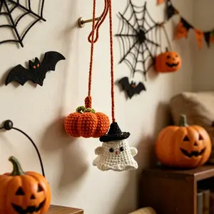 Home Hanging Decor Car Interiors Ornaments Funny Crochet Ghost Pumpkin Hanging Pendant Rear View Mirror Decoration