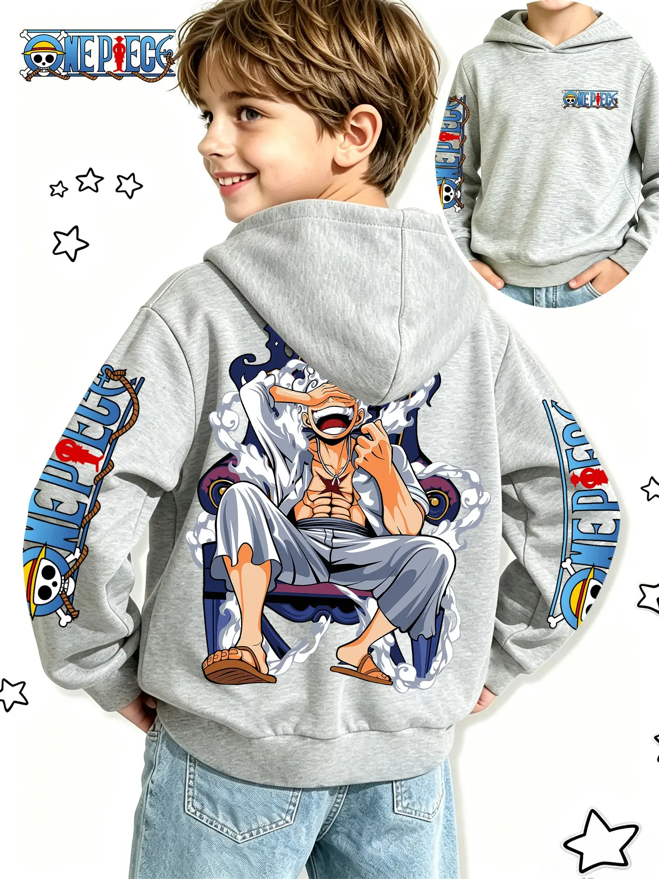 One Piece Official Boys' Anime Sweatshirt, Luffy Creative Print, Spring & Fall Loose Fit, Perfect for Gifts & Daily Wear