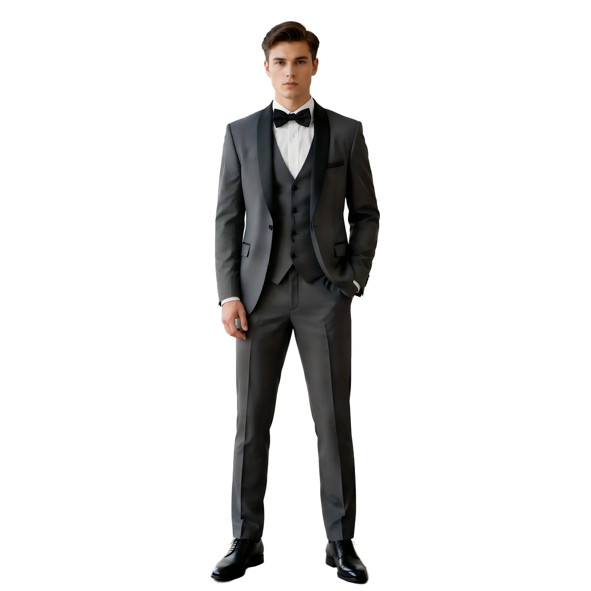 Men's Charcoal 3-Piece Satin Lapel Tuxedo Suit – Formal Blazer, Vest & Pants for Weddings & Gala Events, Comes with Free Bow Tie & Necktie