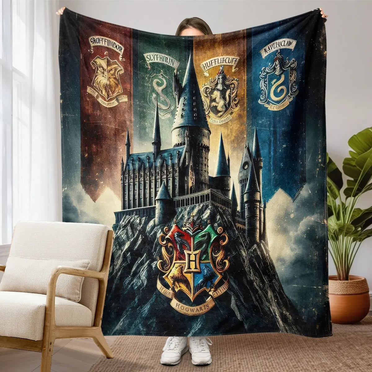 1pc Hogwarts Four Houses Castle Fleece Blanket, Vintage Worn Magic Castle, Four House Crest Banners, Hogwarts School Badge Print. Soft Warm Multi-use Throw for Sofa, Bed, Office, Camping, Ideal Christmas Gift.