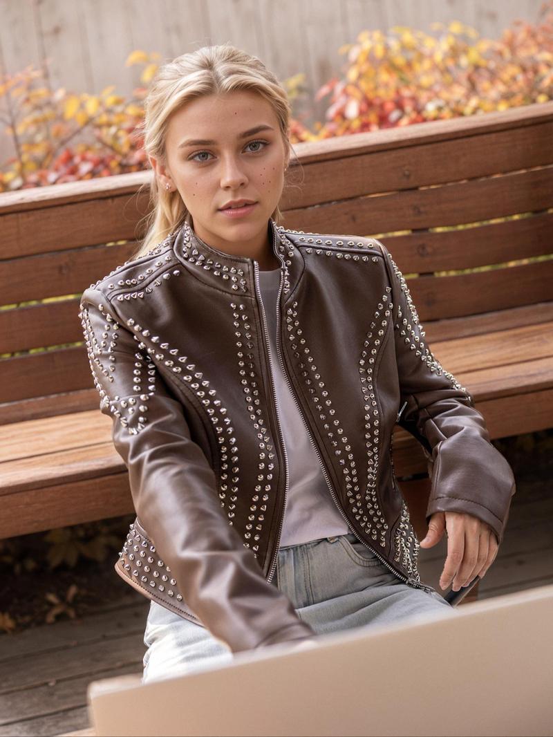 Women's Spring Autumn Jacket, Casual Fitted Long Sleeve, Vintage Stand Collar, Rivet Motorcycle Jacket with Zipper Pockets