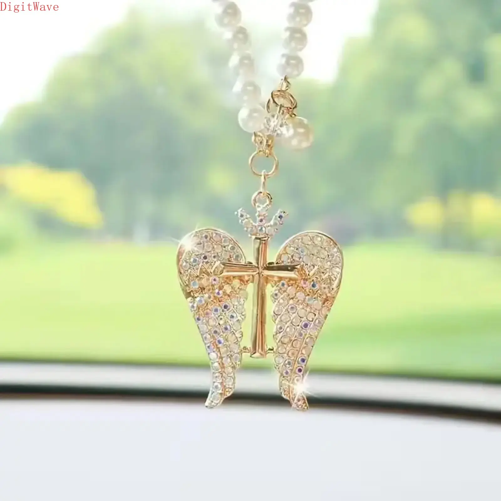 Golden Cross Angel Wings Rearview Mirror Car Pendant, Sparkling Elegant Hanging Ornament, Christian Religious Vehicle Accessory, Exquisite Craft Charm, Ideal for Birthday, Wedding & Easter Thoughtful Gift for Women