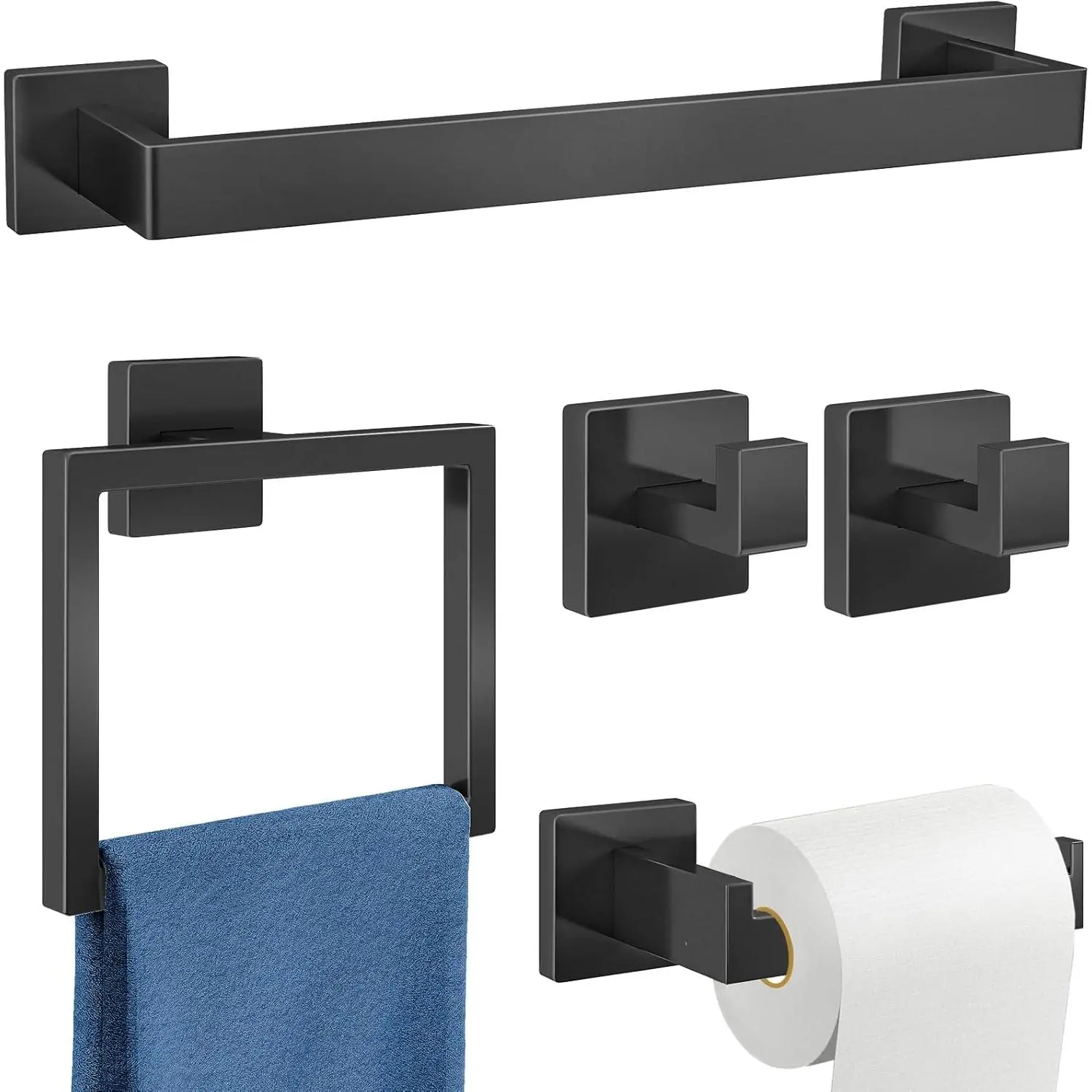 5- Bathroom Hardware Accessories Set, Towel Racks for Bathroom Wall Mounted Stainless Steel, Matte Black Towel Bar Set 16In