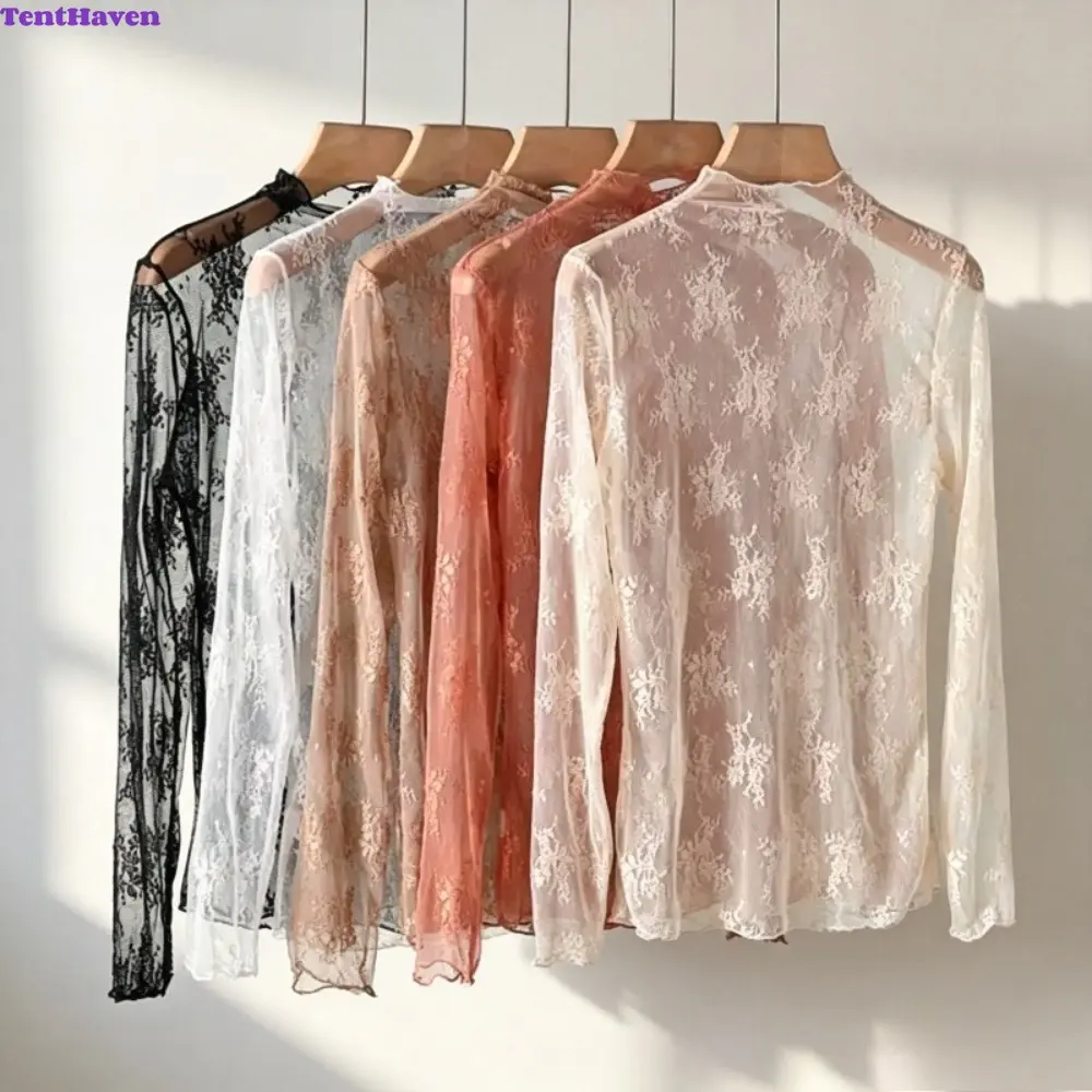 Women's Floral Lace Shirt, Sheer Mock Neck Long Sleeve Fitted Crop Top, Breathable Mesh Pullover Blouse for Ladies, Lady, Longsleeves, Shirts, Slim Fit, Mesh Fabric, Fitted Cut