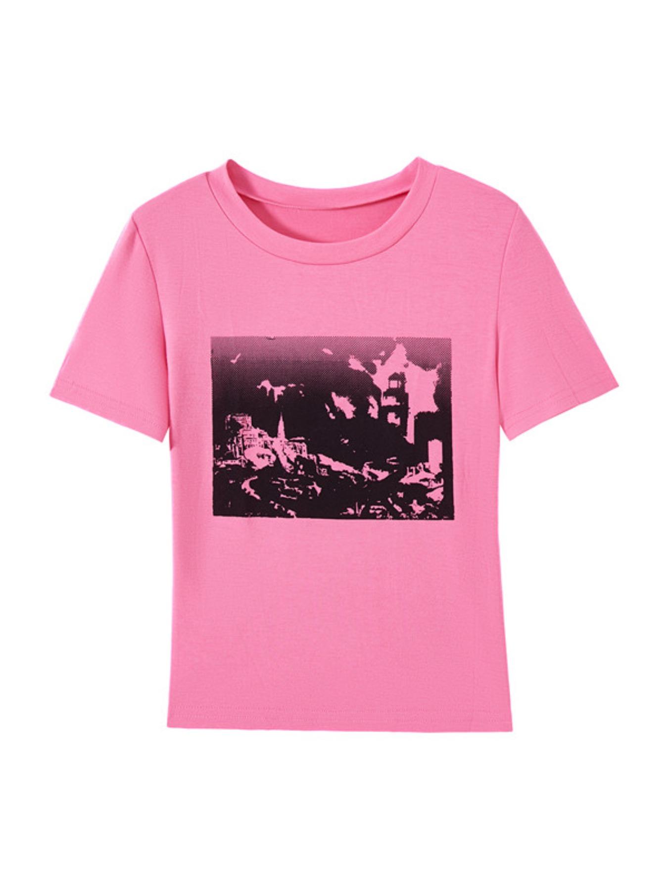 Women's Building Graphic Round Neck Crop Tee, Fashion Casual Crew Neck Short Sleeve T-shirt for Daily Everyday Outdoor Wear, Ladies Clothes Womenswear for All Seasons