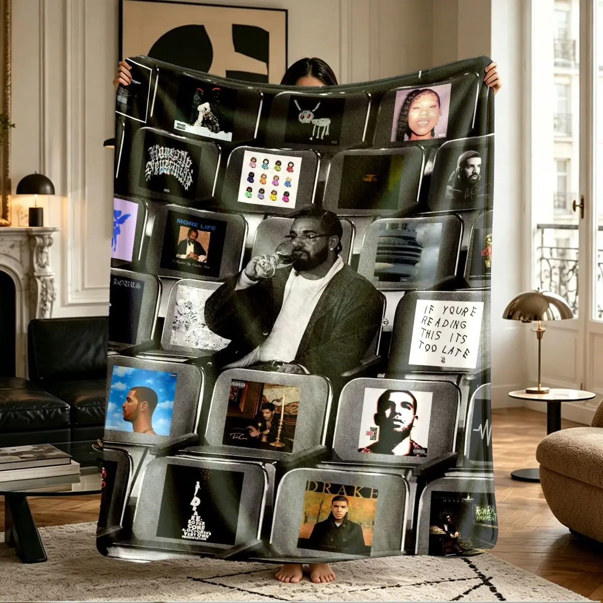 Comfortable Drake Creative CD Album Frame Plaid Pattern Fleece Blanket, Music Theme, Soft Warm Anti-Pilling, Ideal Gift