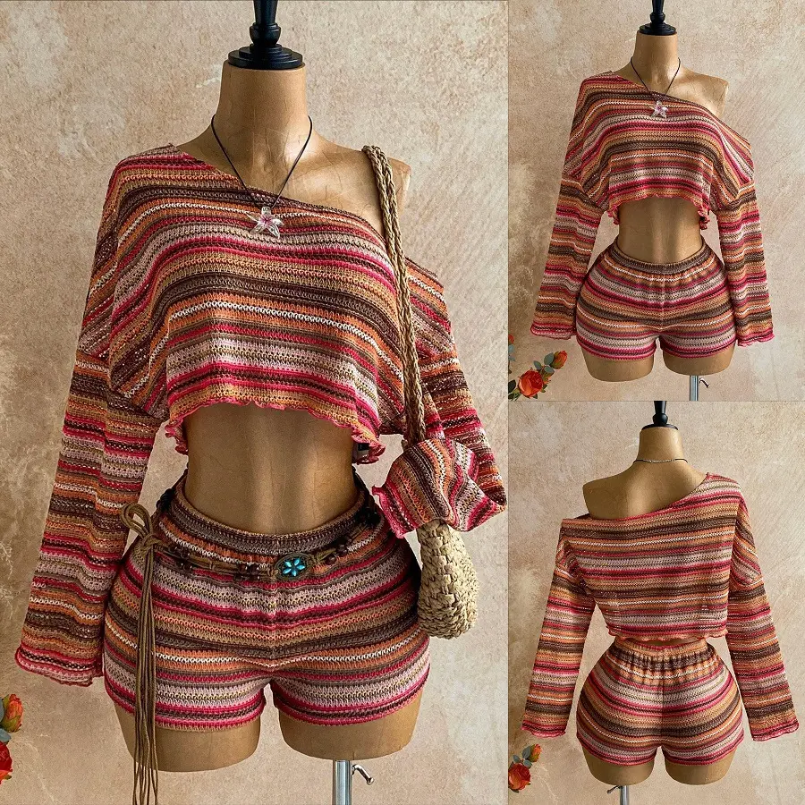 Women's Striped Knit 2-Piece Outfit - Asymmetric Off-Shoulder Draped Neck Long-Sleeve Crop Top & High-Waist Shorts Set for Summer Beach Vacation, Casual Chic Womenswear Clothing
