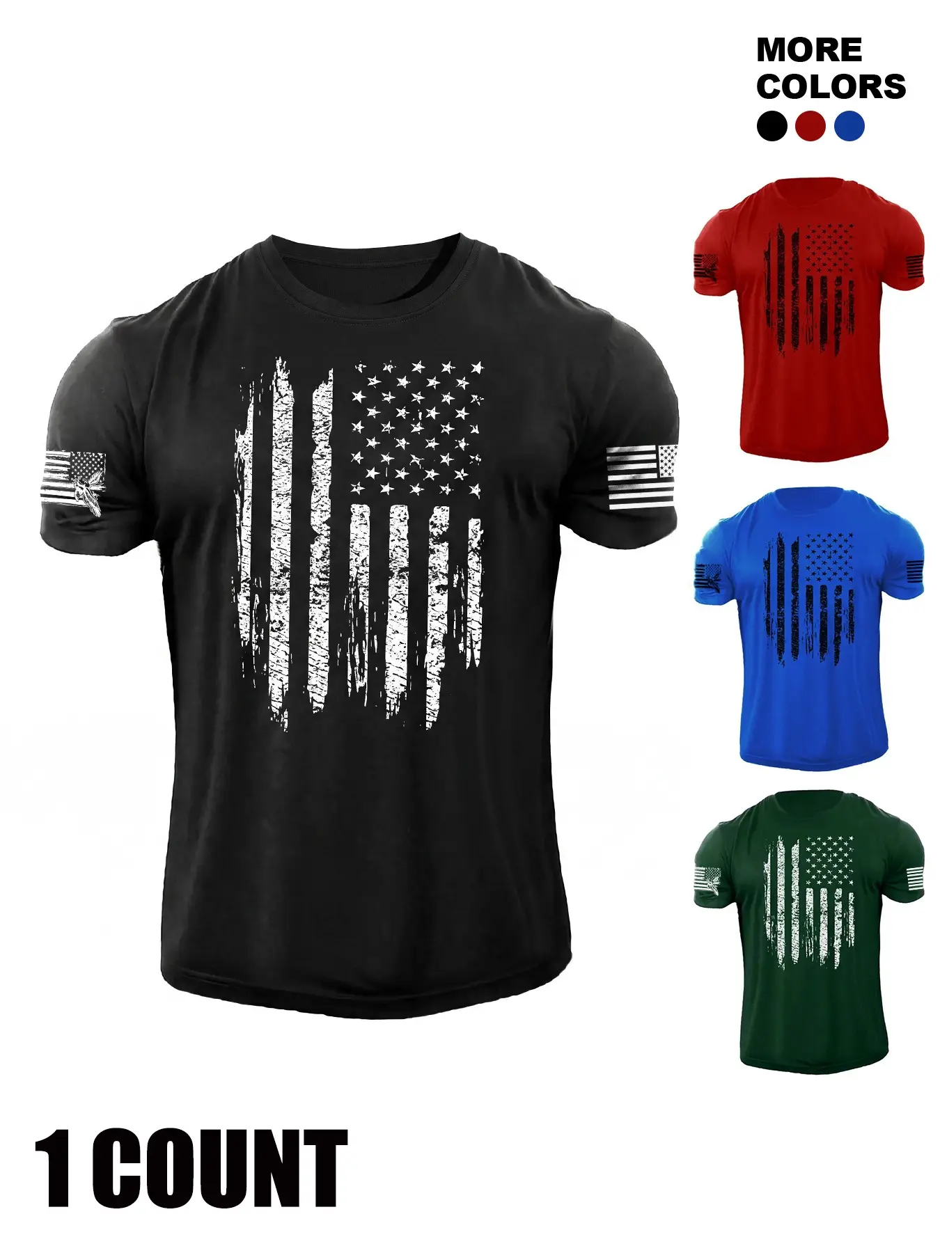 Men Distressed Vertical American Flag Graphic Short Sleeve T-Shirt, Vintage Faded USA Flag Sleeve Print Crew Neck Muscle Fit Patriotic Tee, 4 Colors Available Casual Workout Gym Outdoor Summer Daily Street Wear Top