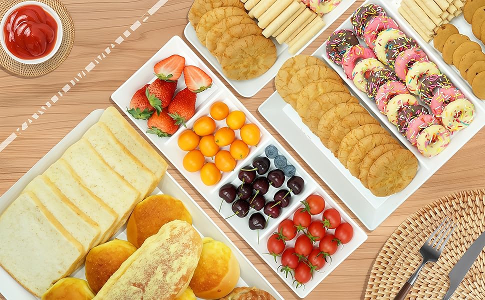 Serving Tray Platter, 4 Pack Food Tray for Veggie Fruit Snack Dessert Cookie Cheese, Food Trays for Party Supplies Display, Plastic Platters for Serving Food, Large White Trays, BPA Free