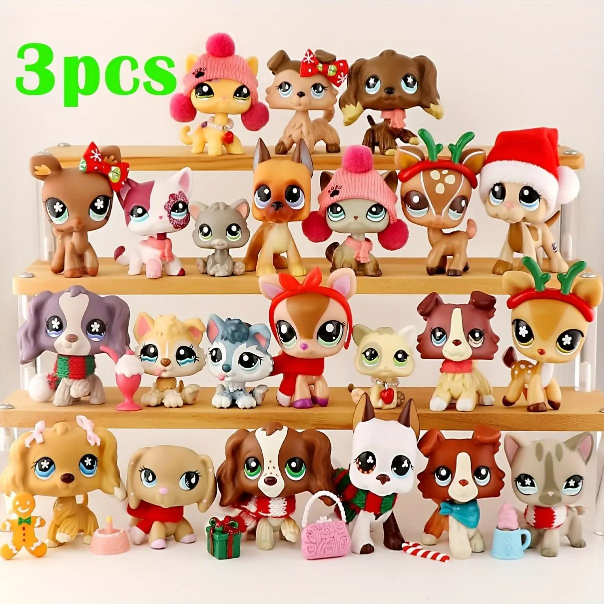 Rare Pet Shop Random 3 Sets Toys and Accessories, Mini Dog Figures, Collectible Imagination Toys, Christmas and Birthday Gifts