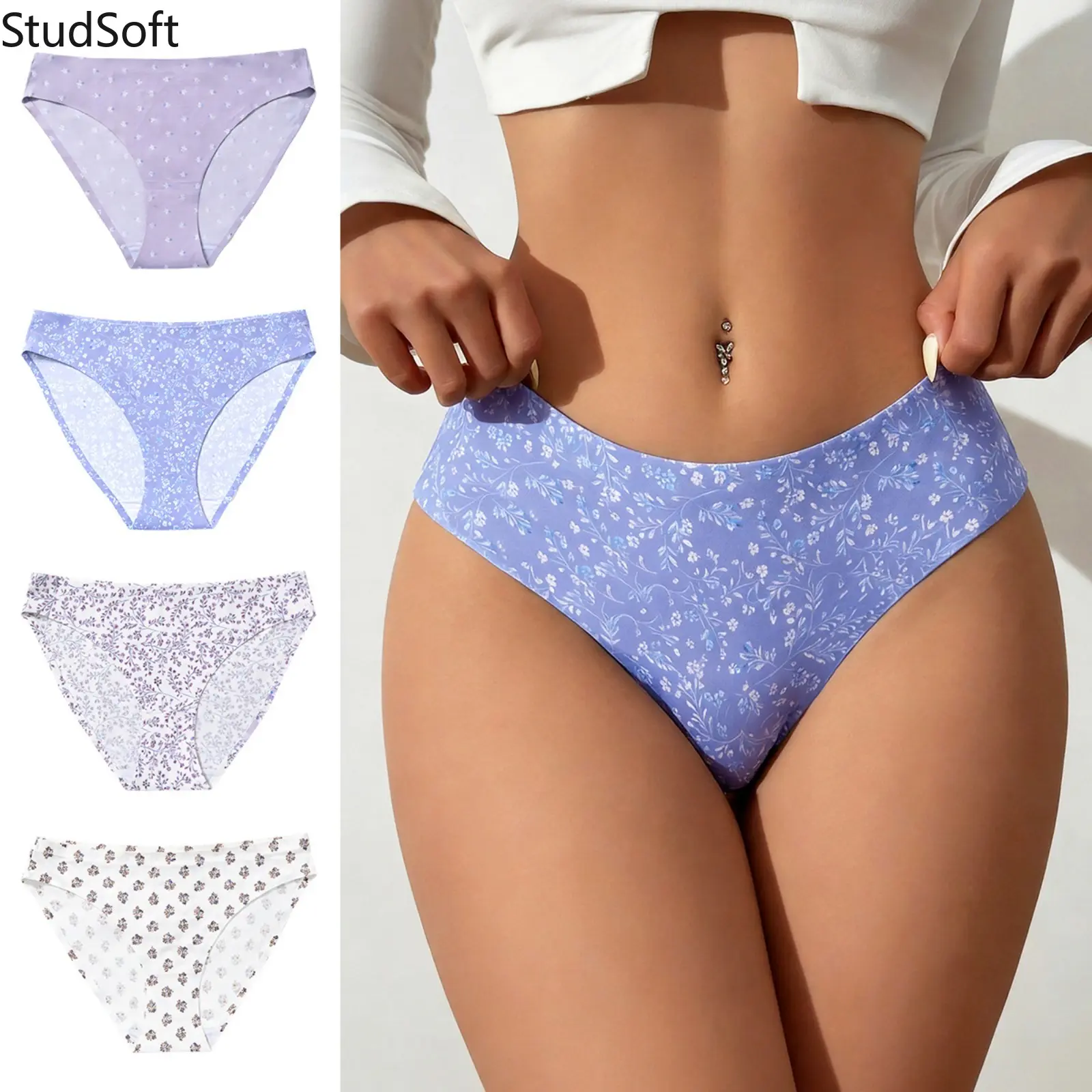 Women's 4pc Seamless Floral-Print Bikini Briefs, No-Show Ice Silk Lingerie with Soft Cotton Crotch, Cute Purple Flower Underwear for Daily Wear (Sports & Outdoor Compatible)