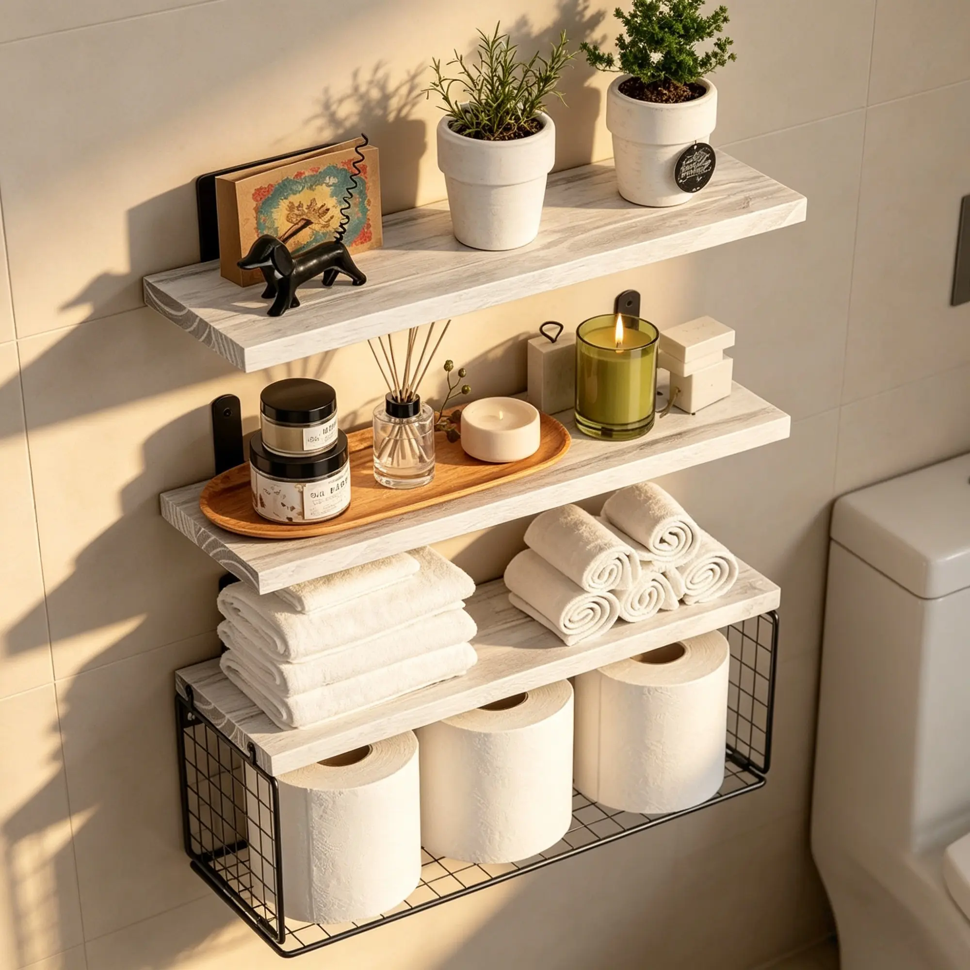 Wall-Mounted Bathroom Shelf, Space-Saving Toilet Paper Holder, Rustic Style Decorative Rack, 16-Inch Set, Universal Storage Solution, Bathroom Organizers