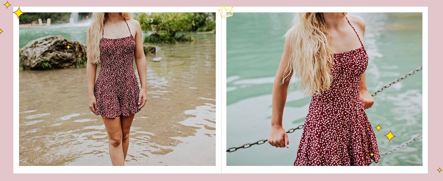 Imily Bela Women's Boho Floral Wide Leg Short Romper Spaghetti Strap Smocked Jumpsuit