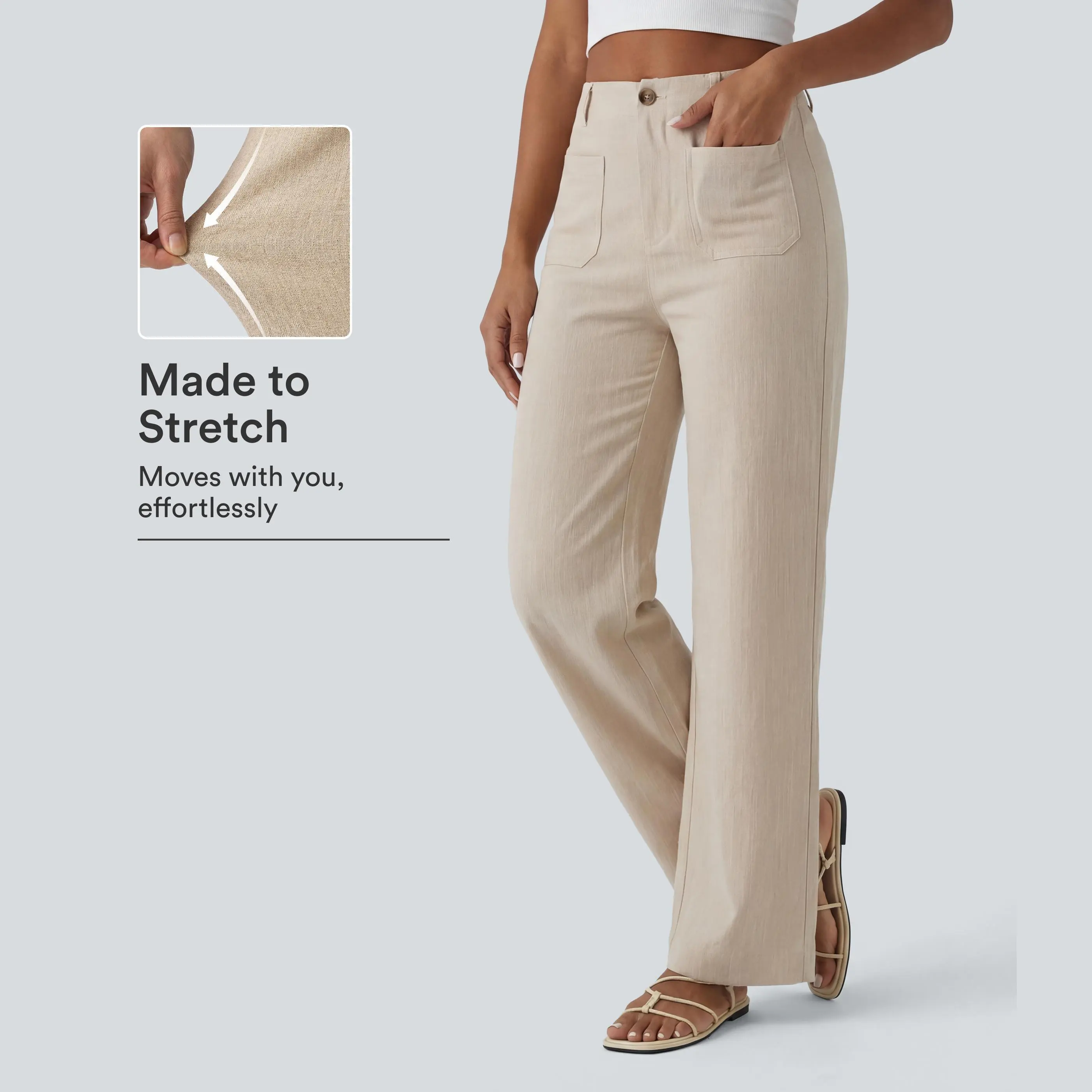 Halara High Waisted Straight Leg Casual Linen-Feel Pants with Pockets Halara High Waisted Straight Leg Casual Linen-Feel Pants with Pockets