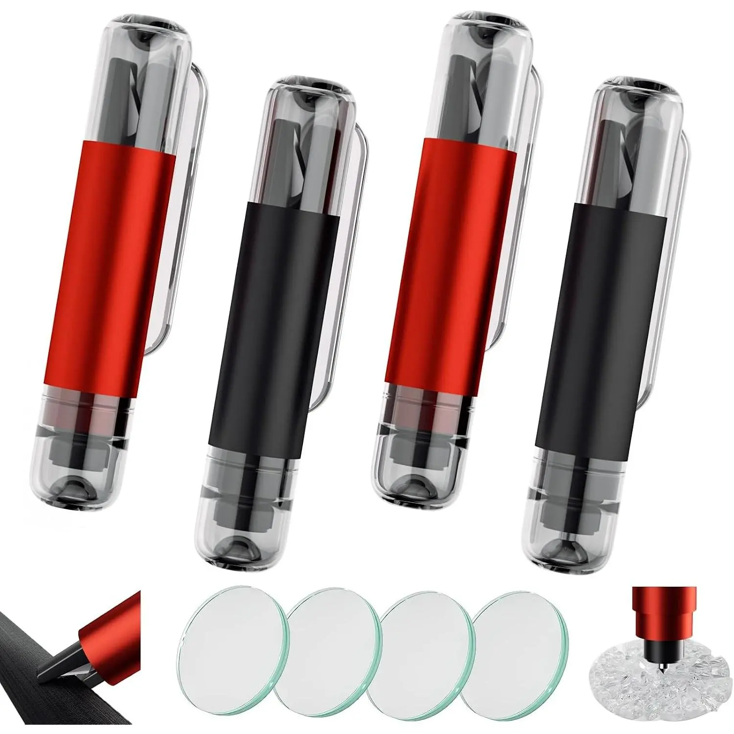 4 Pack 2-in-1 Portable Car Emergency Escape Tool Window Breaker Seatbelt Cutter Safety Glass Breaker with Test Glass for Automotive Accidents, Red & Black
