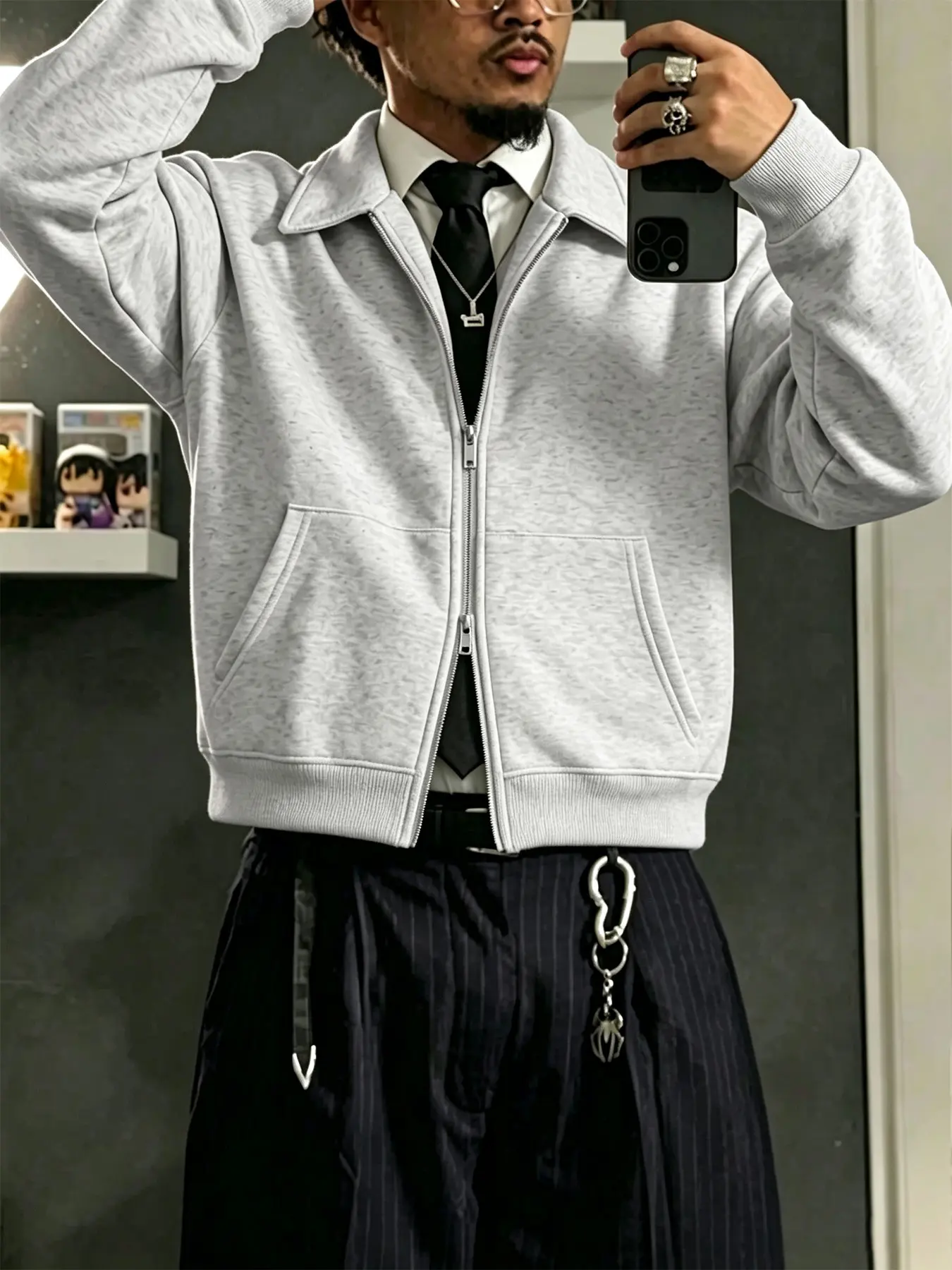 Men's Lapel Full-Zip Sweatshirt Jacket, Square Shoulder Design, Light Zip-Up Top, Casual Office Wear, Minimalist Style