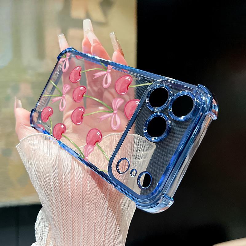 Cherry Bows Pattern Four Corner Anti-Fall Phone Case Transparent Electroplated Protective Cover for iPhone 17 Air 16 E Pro Max 15 Plus 14 13 12 11 X,Samsung and other series models, can be given as a holiday gift to friends or family