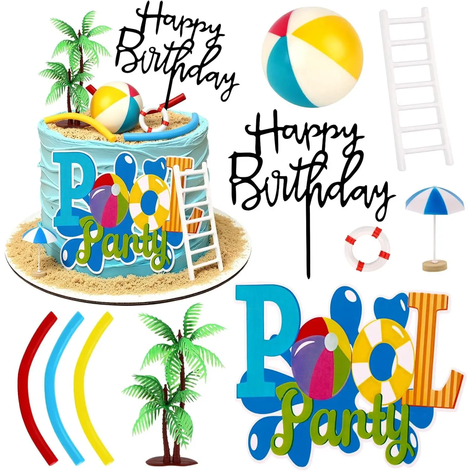 10 Pcs Hawaiian Beach Cake Decoration Set – Summer Beach Chair & Umbrella Cake Toppers with Green Palm Trees, Luau Party Supplies for Birthday, Wedding, Baby Shower & Pool Party Celebrations