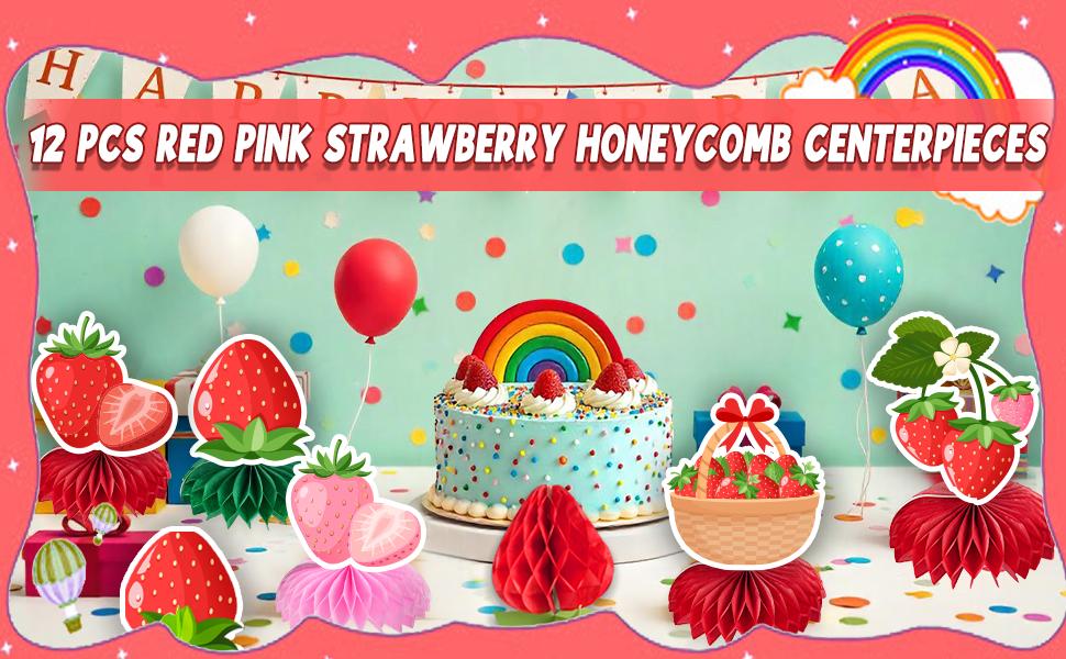 Sweet Strawberry Party Decorations, 12 Pcs Red & Pink Strawberry Honeycomb Centerpieces Table Toppers for Spring Summer Strawberry Theme Party, Birthday & Baby Shower Supplies