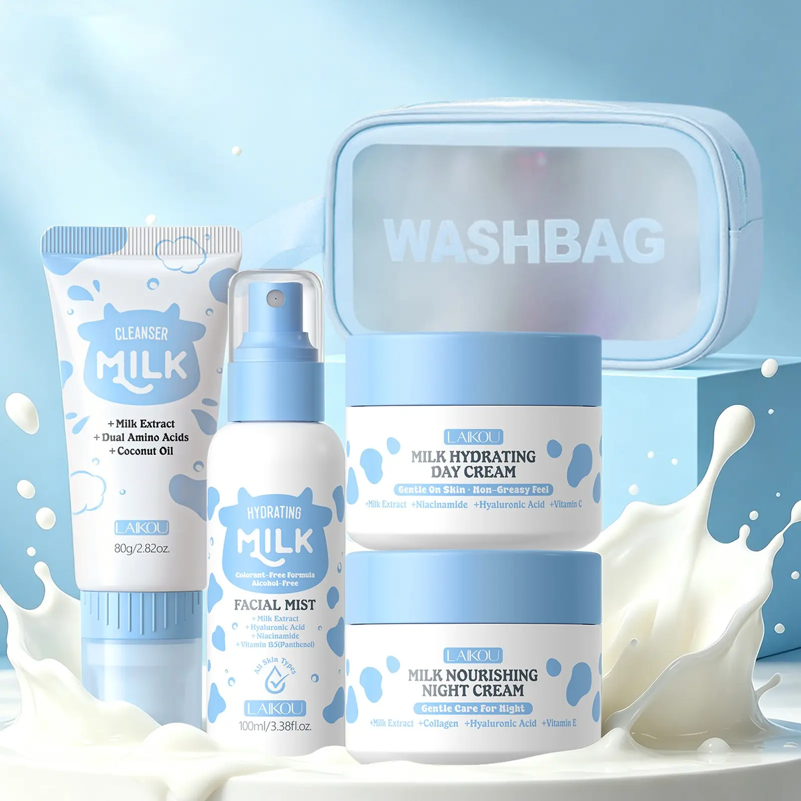 LAIKOU Milk Skincare Routine Kit,3-Step Minimalist Day and Night Routine Kit - Cleansing Gel 50g, Toner Mist 100ml, Day Cream 30g & Night Cream 30g,Deep Hydrating & Glow Skin Set, Milk Skin Care For Teen Birthdays Gift Set, Skin Care Sets