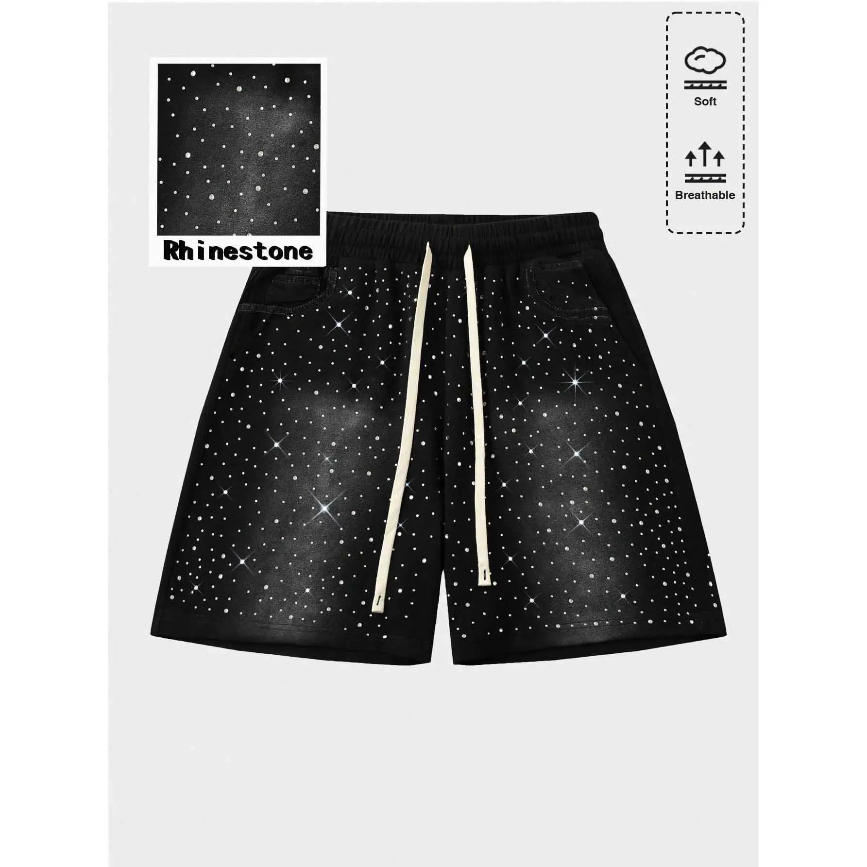Men's Casual Rhinestone Embellished Shorts Soft Breathable Lounge Shorts Elastic Waist Drawstring Relaxed Fit Sparkly Streetwear Athletic Shorts Hip Hop Y2K Fashion Summer Sports Shorts for Training Walking Travel Beach Daily Outfit
