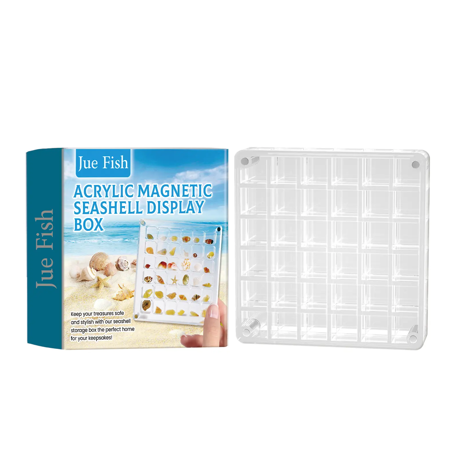 Jue Fish Acrylic Magnetic Shell Display Box.A versatile, transparent container for showcasing, storing, and decorating shells.