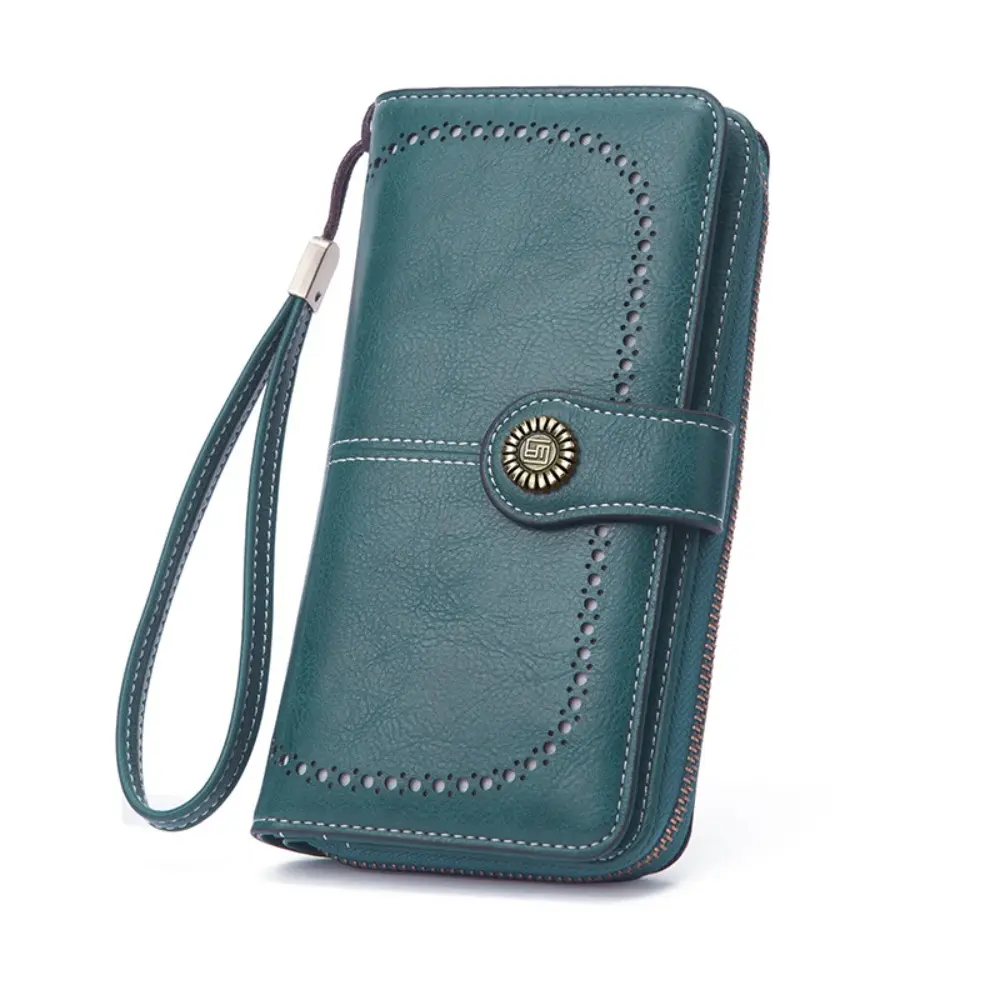 Elegant Leather Clutch for Women, Vintage Hollow-Out Wristlet Wallet, High-Capacity Long Purse with Multi-Card Slots, Elegant Stylish Purse, Genuine Leather Clutch, Brown, Wristlet Purse