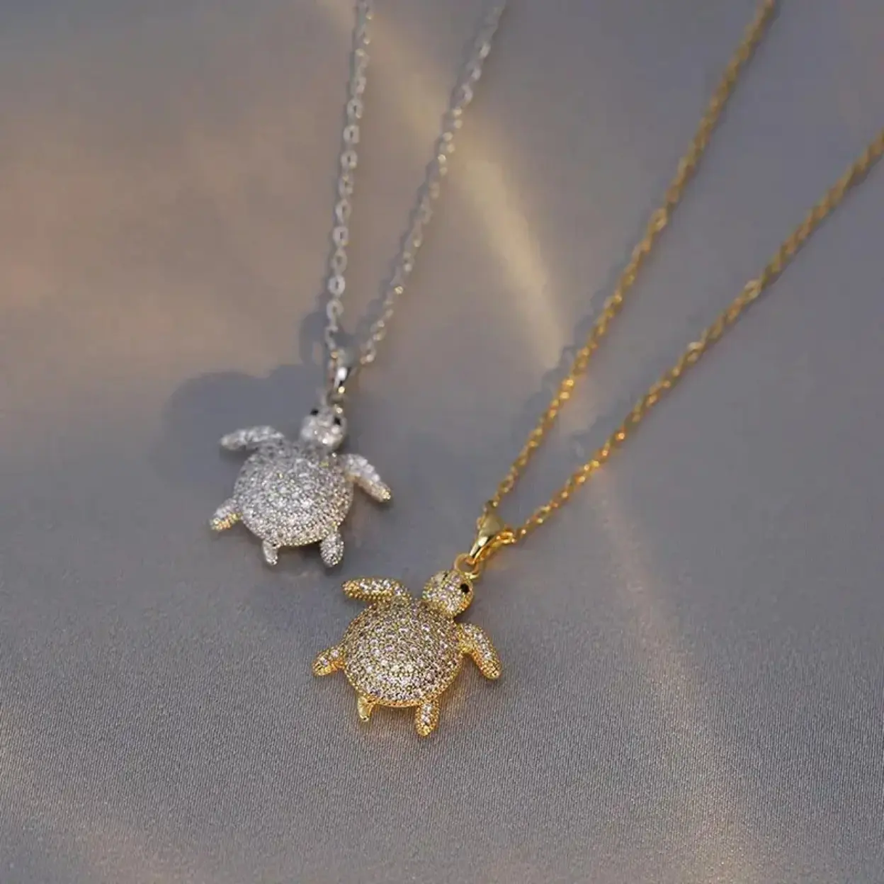 2‑Pcs Cute Turtle Shape Pendant Necklace Set For Women, Ocean‑Inspired Hypoallergenic Titanium Steel Accessory With Sparkling Zircon, Decorative Jewelry For Everyday Wear, All‑Season Styling And Birthday Gifting