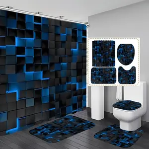 4Pcs Black and Blue 3D Cubes Modern Shower Curtain Set, Bathroom Set with Rugs and 12 Hooks, Bathroom Shower Equipment Essentials