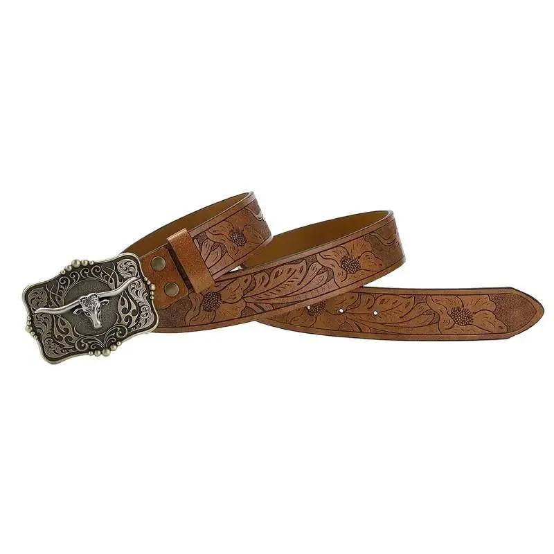 Retro Western Cowboy Belt with Tooled Floral Pattern, Heavy Duty PU Leather Strap with 3D Longhorn Bull Buckle, Unisex Fit, Western Accessories, Cowboy Aesthetic