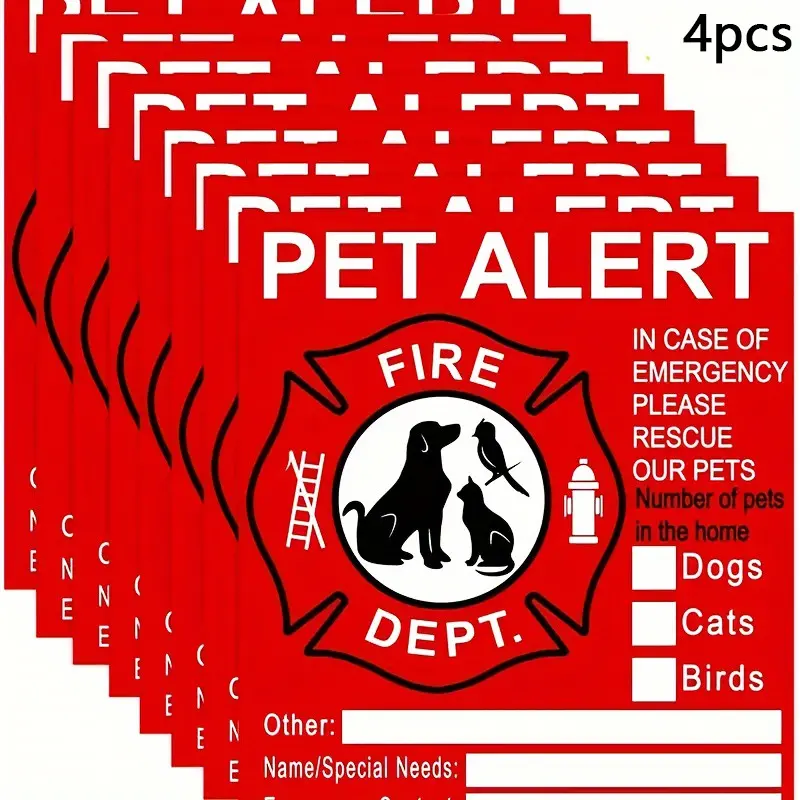 Pet Safety Warning Stickers - 4 Pack Fire Emergency Rescue Stickers, Adhesive, Waterproof, Save Cats/dogs in Fires, Visible Alerts for Firefighters, Visibility