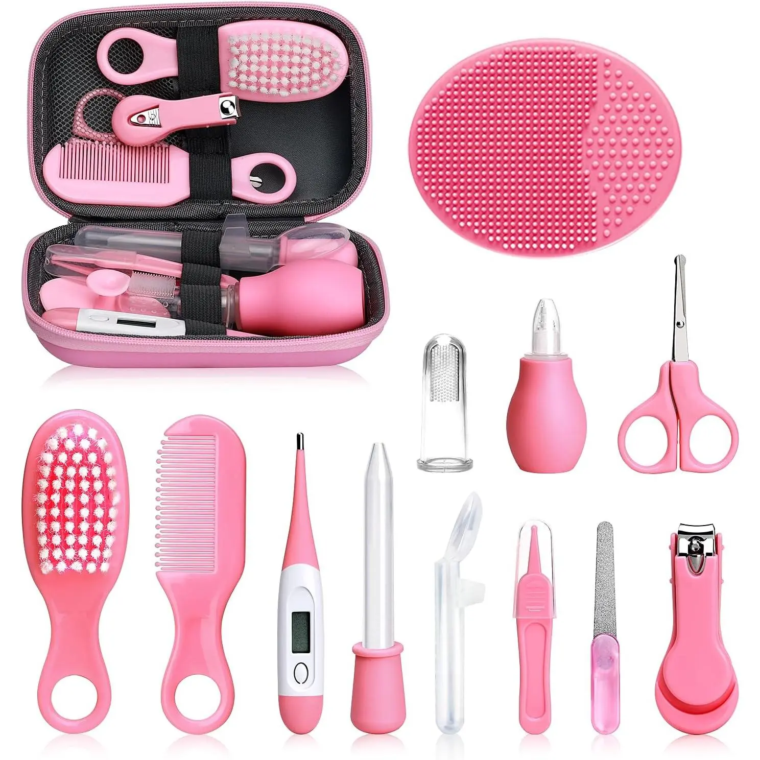 Baby Grooming and Healthcare Kit, Infant Safety Care Set with Hair Brush Comb Nail Clipper Nasal Aspirator,Baby Essentials Kit  Newborn Girls Boys (13 in 1, Pink) New model