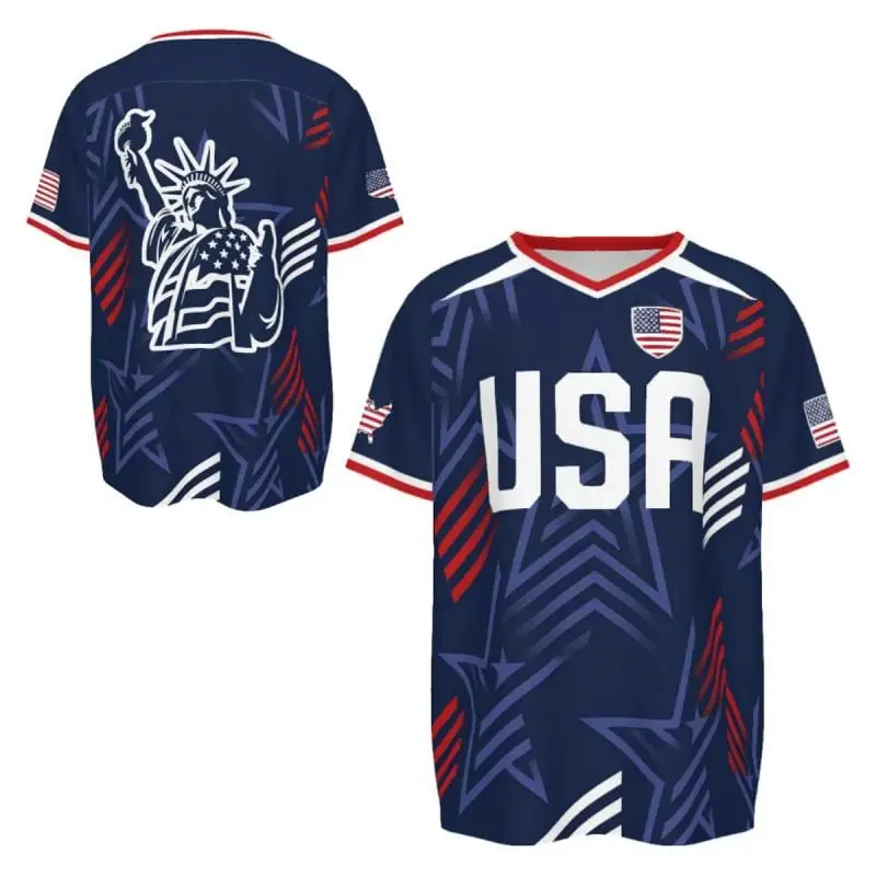 Unisex Patriotic USA V-Neck Polyester Jersey Shirt - Liberty Statue Back Design, Lightweight Breathable Polyester Clothing, S-5XL Unisex Fit, Summer Holiday & Daily Wear Professional Sports Apparel