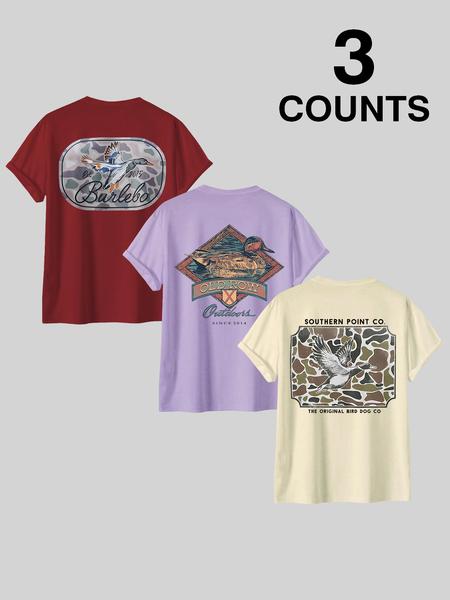 Men's Letter & Bird Print Round Neck Graphic Tee, Regular Fit Casual Short Sleeve T-shirt for Summer, Men's Top for Daily Wear, Tropical