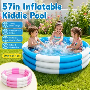 57 Inch Inflatable Kiddie Pool, 3-Ring Round Blow Up Swimming Pool with Bright Stripe Design, Soft Cushioned Bottom, Easy Inflation and Portable PVC Build for Toddlers, Kids, Backyard, Garden, Summer Splash, Ball Pit, Sandbox and Pet Bath