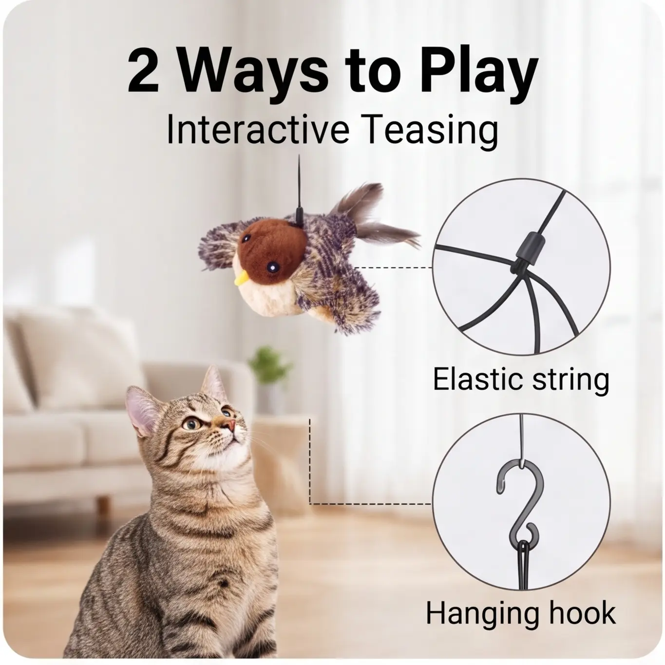 Remote Control Flapping Bird Cat Toy Interactive Hanging Plush Toy with 6 Bird Sounds Catnip Filled 3-Speed Modes Automatic Exercise Toy for Indoor Cats