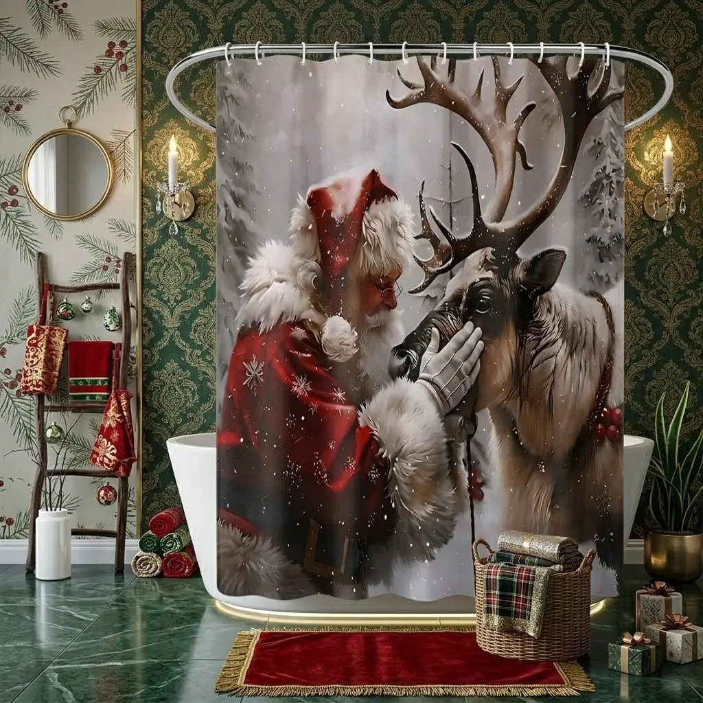 1pcs Christmas Winter Snow Forest Shower Curtain, Warm Portrait Of Gentle Santa Claus Caressing Reindeer In Snowy Pine Woods Scene Print, Nostalgic Cozy Holiday Nature Art Fabric Curtain For Household Bathroom Festive Decor
