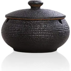 Lependor Ceramic Ashtray with Lids, Windproof, Cigarette Ashtray for Indoor or Outdoor Use，Ash Holder for Smokers,Desktop Smoking Ash Tray for Home Office Decoration - Black